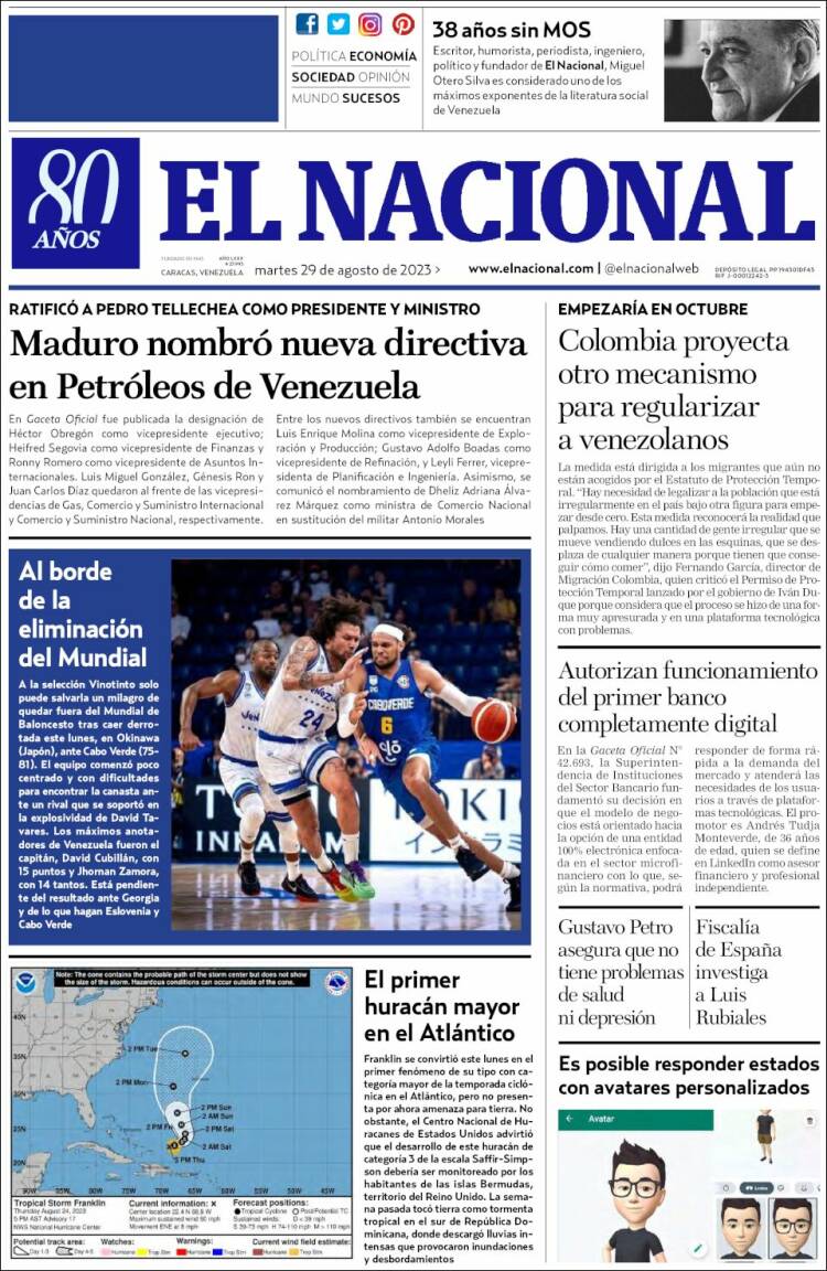 Portada de El Nacional (Venezuela)