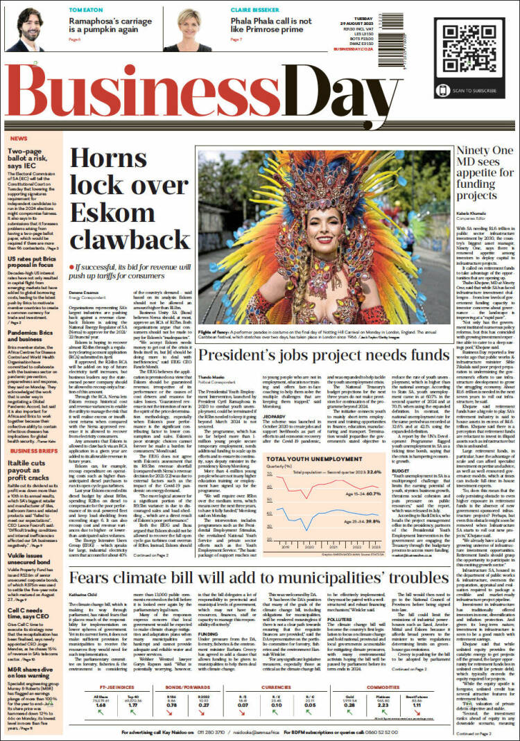 Portada de Business Day (Sud&aacute;frica)