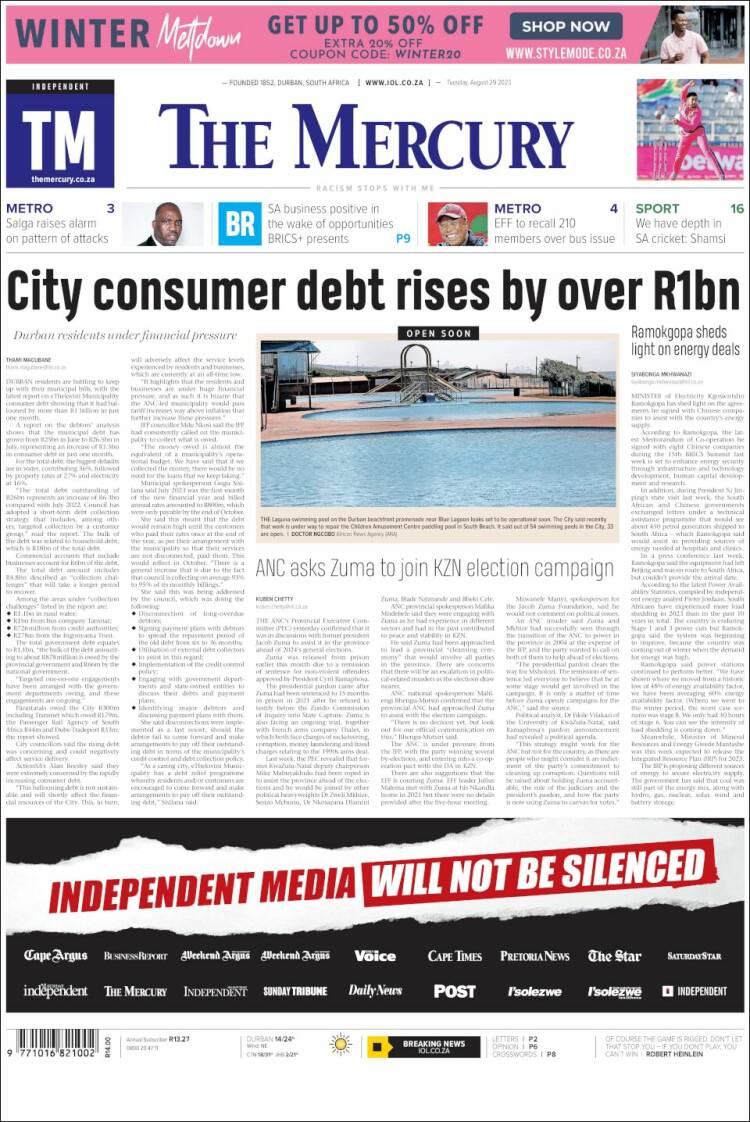 Portada de The Mercury (Sud&aacute;frica)