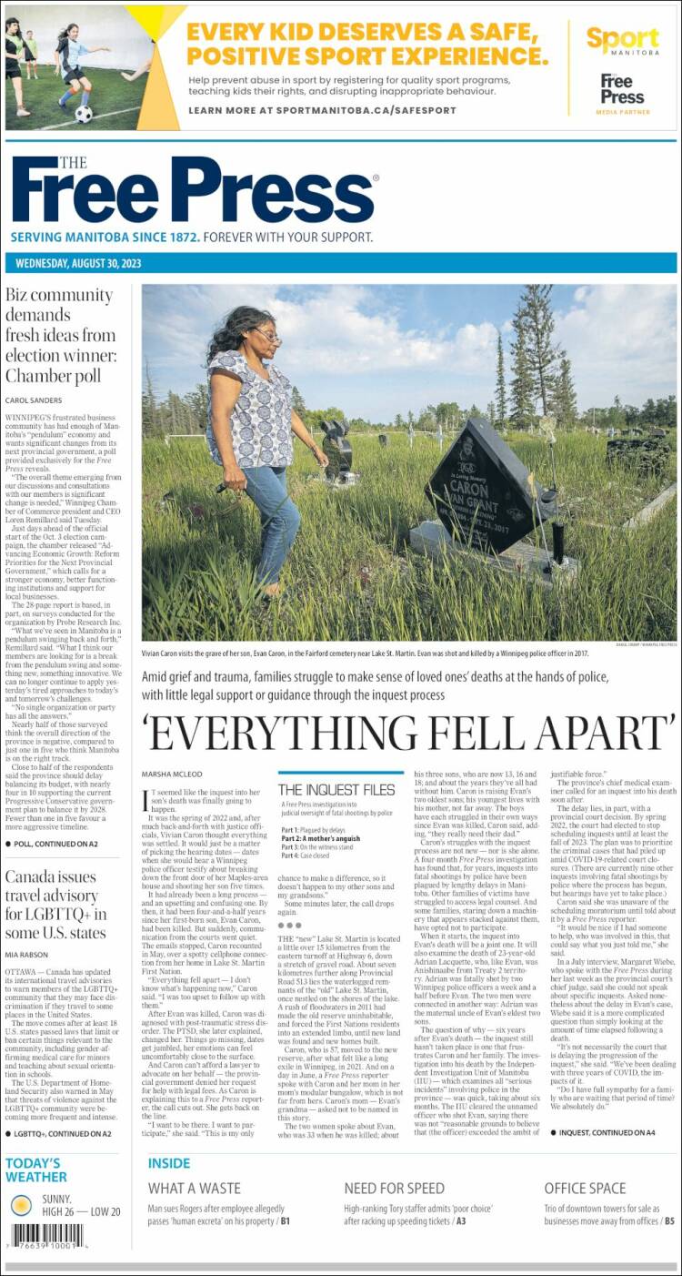 Portada de Winnipeg Free Press (Canadá)