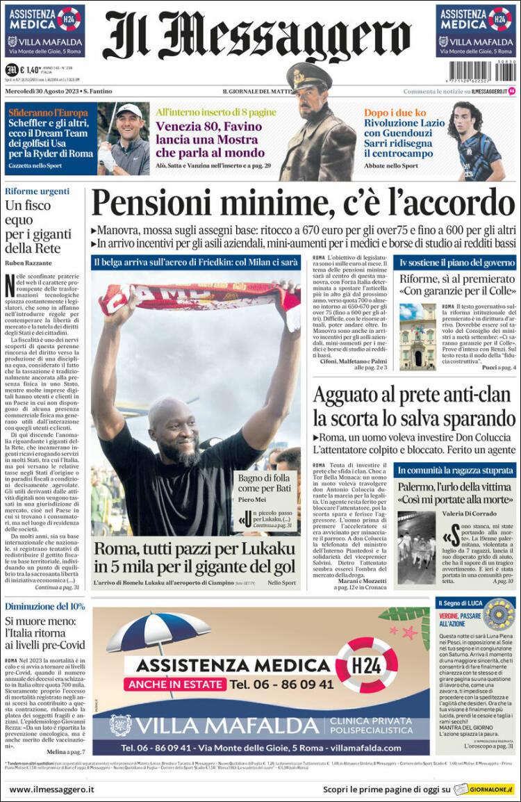 Portada de Il Messaggero (Italia)