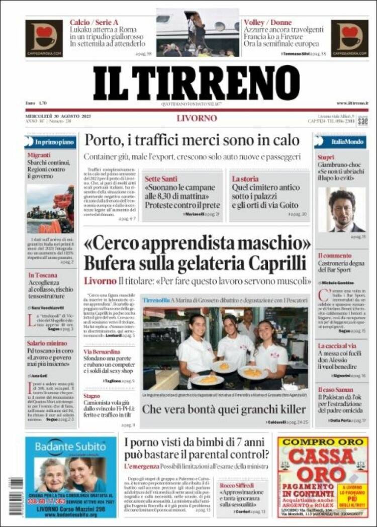 Portada de Il Tirreno (Italia)