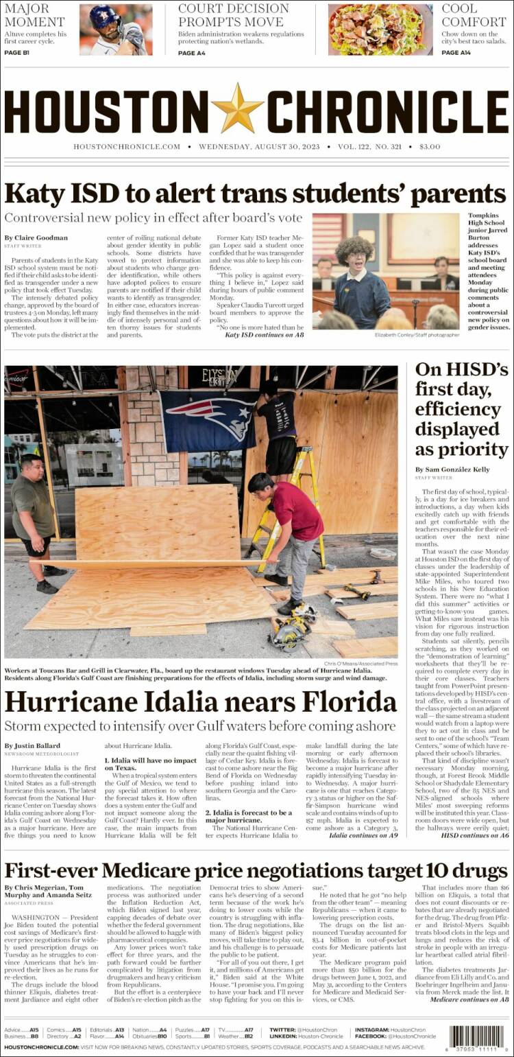 Portada de Houston Chronicle (USA)