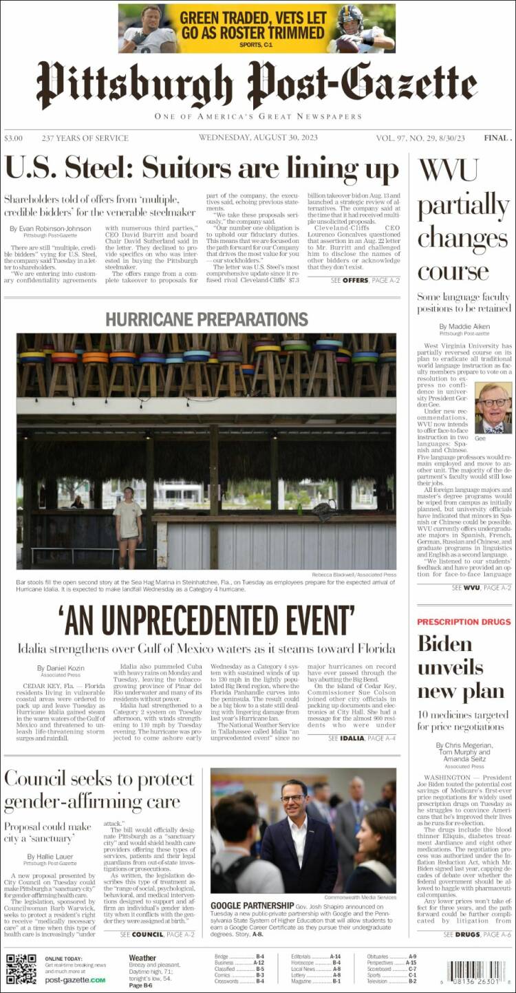 Portada de Pittsburgh Post-Gazette (USA)