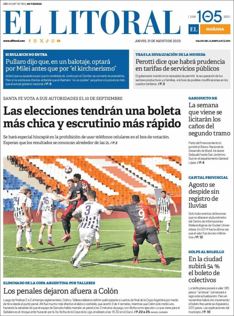 Portada de Diario El Litoral (Argentina)