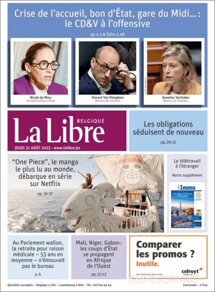 Portada de La Libre.be (B&eacute;lgica)