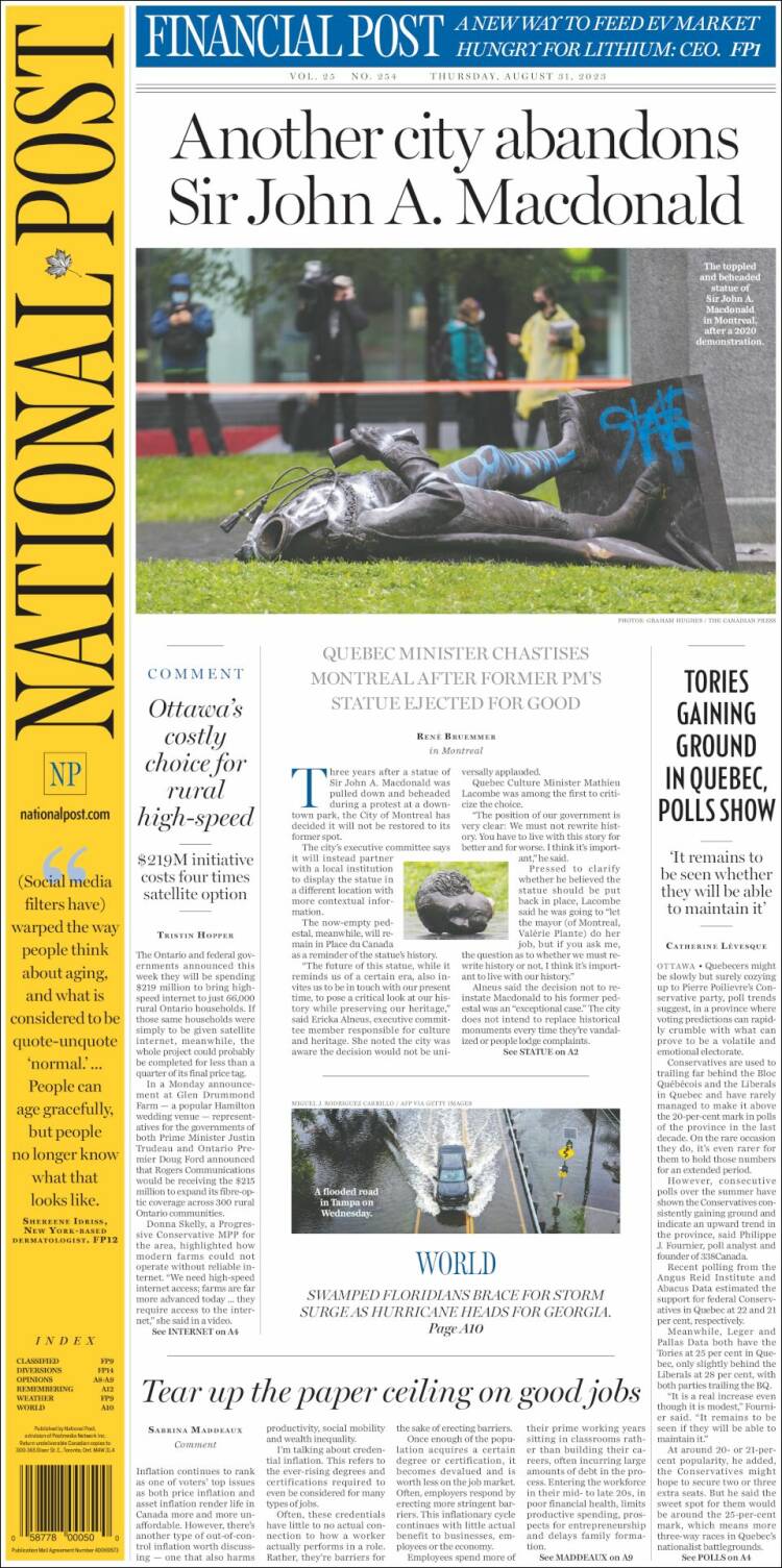 Portada de The National Post (Canadá)
