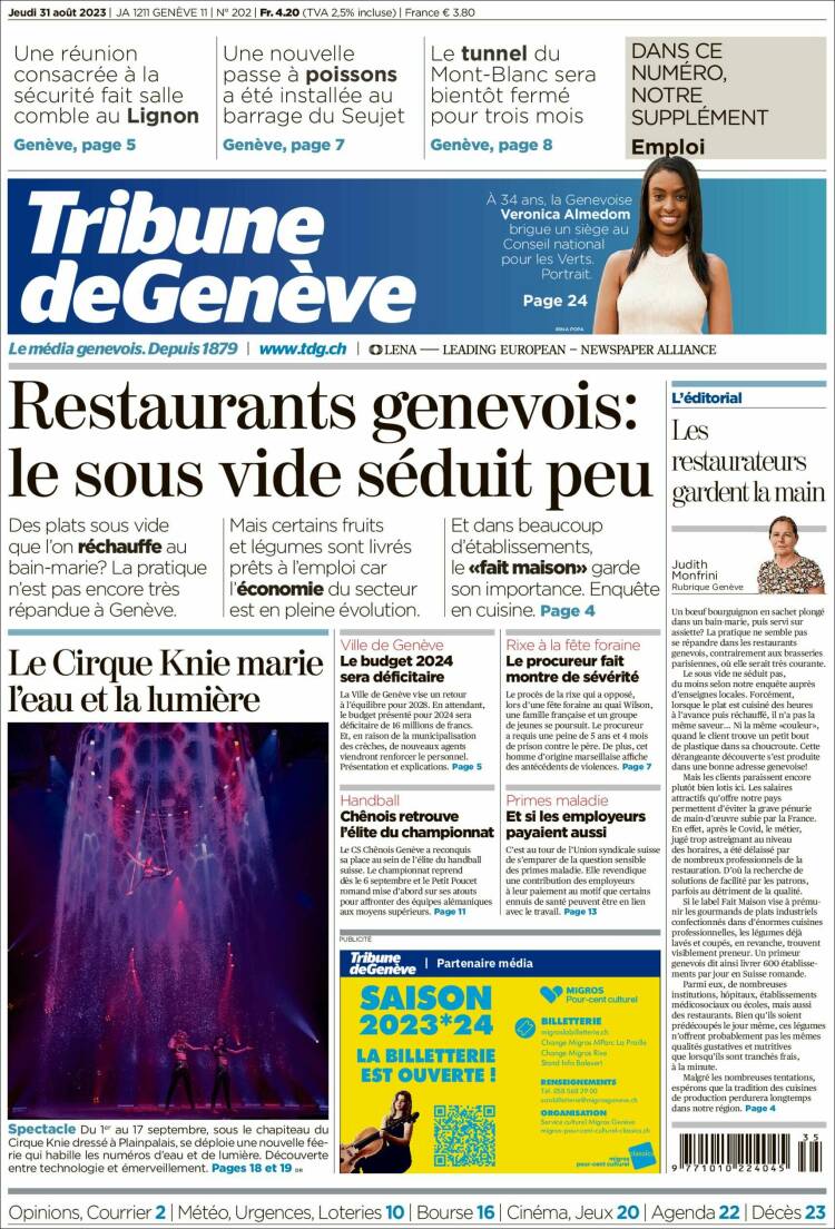 Portada de La Tribune de Genève (Suiza)