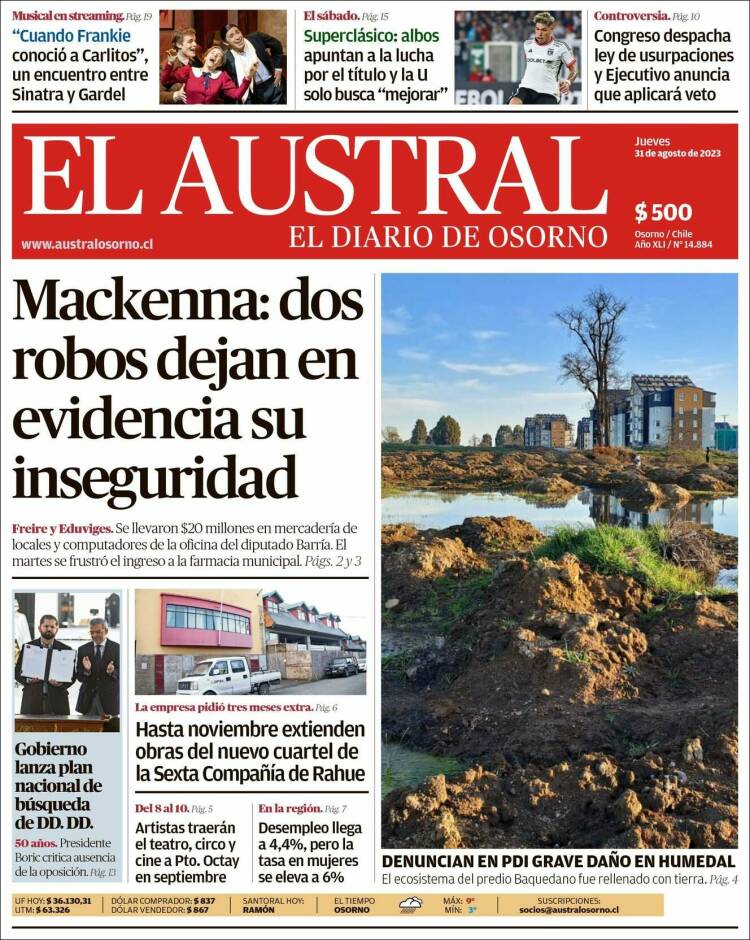 Portada de El Austral de Osorno (Chile)