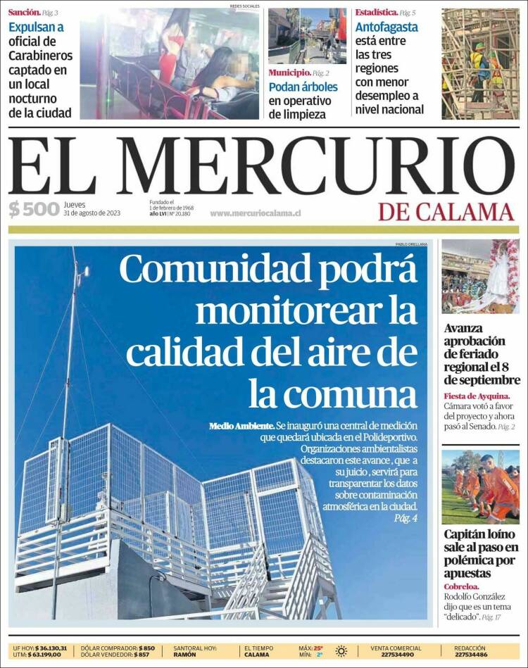 Portada de El Mercurio - Calama (Chile)