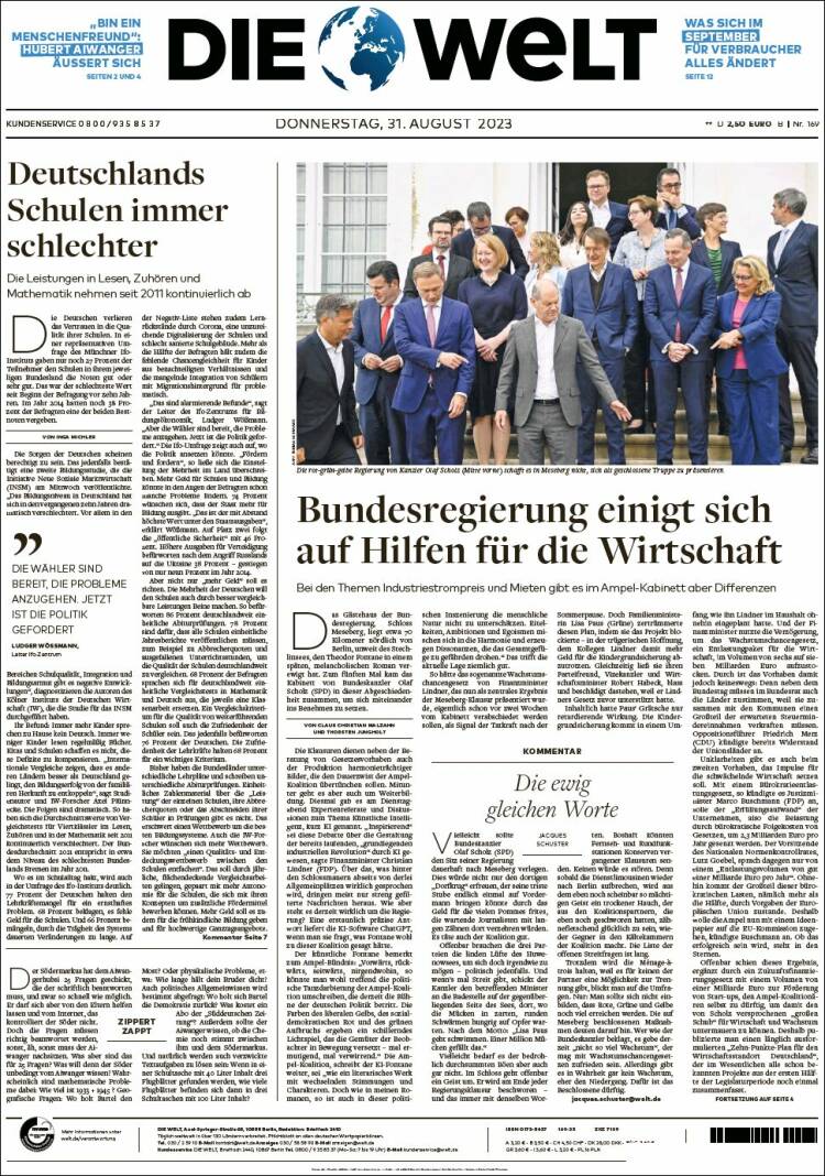 Portada de Die Welt (Alemania)