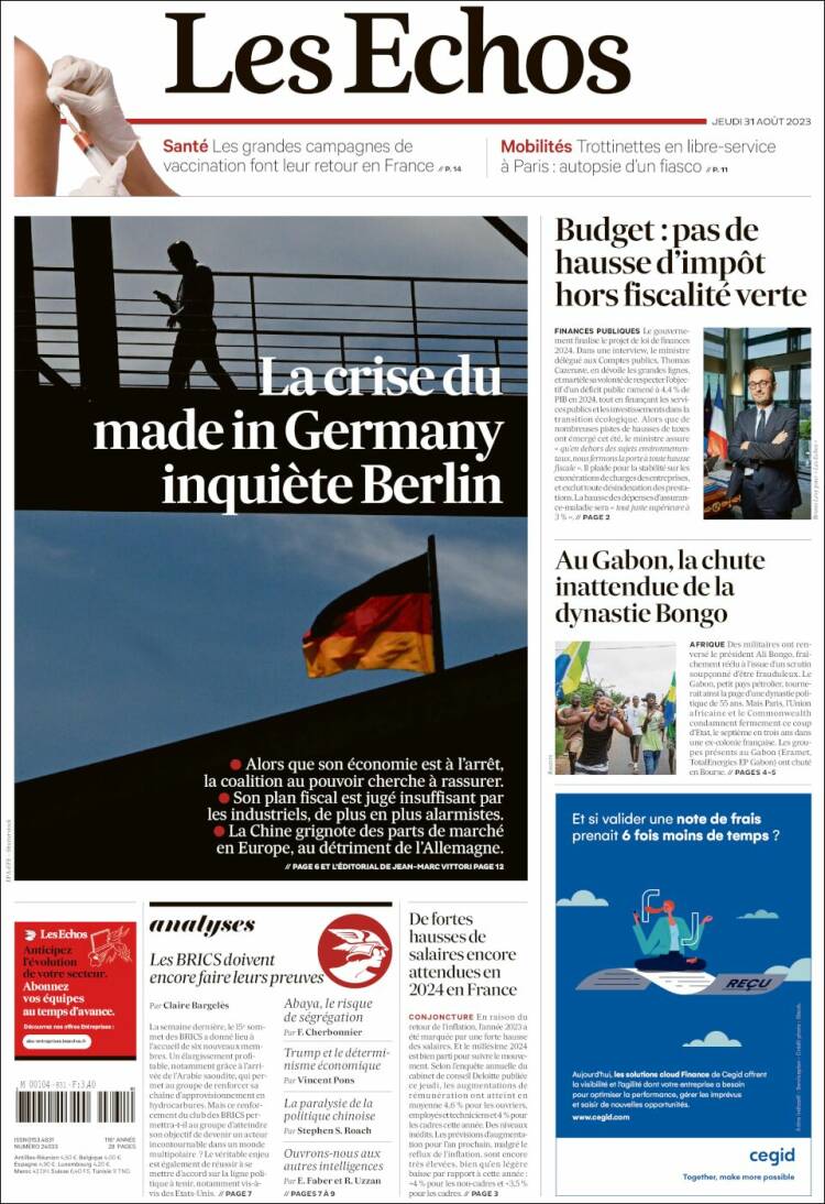 Portada de Les Echos (Francia)