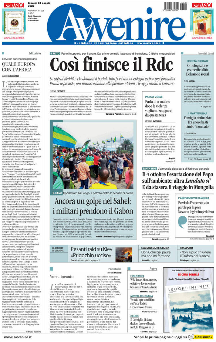 Portada de Avvenire (Italia)