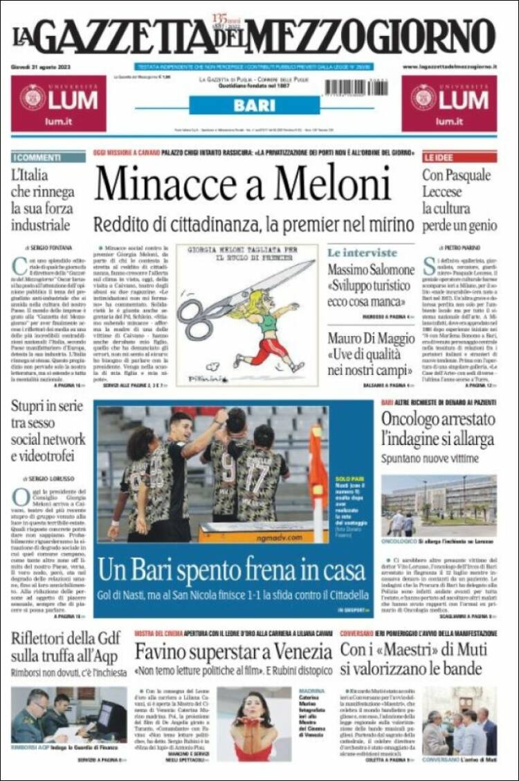 Portada de La Gazzetta del Mezzogiorno (Italia)