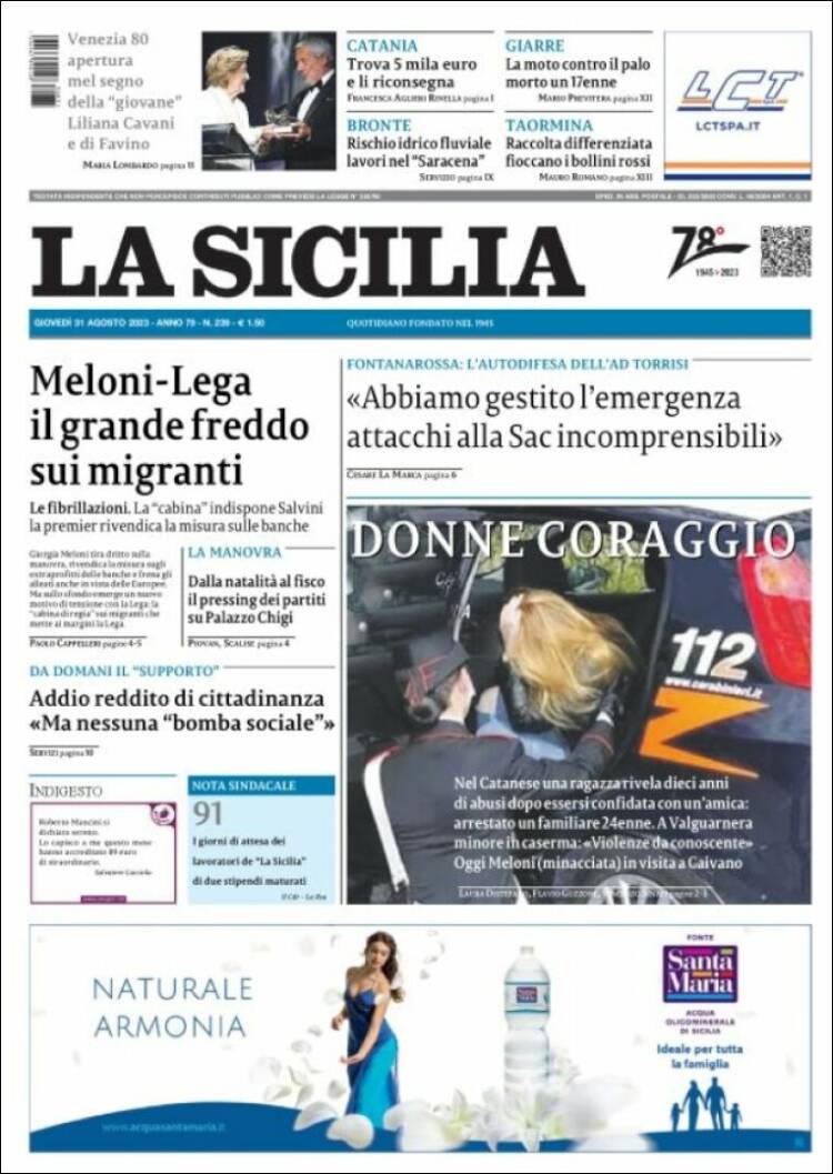 Portada de La Sicilia (Italia)