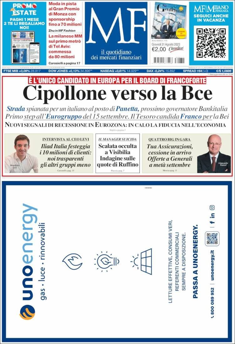 Portada de Milano Finanza (Italia)