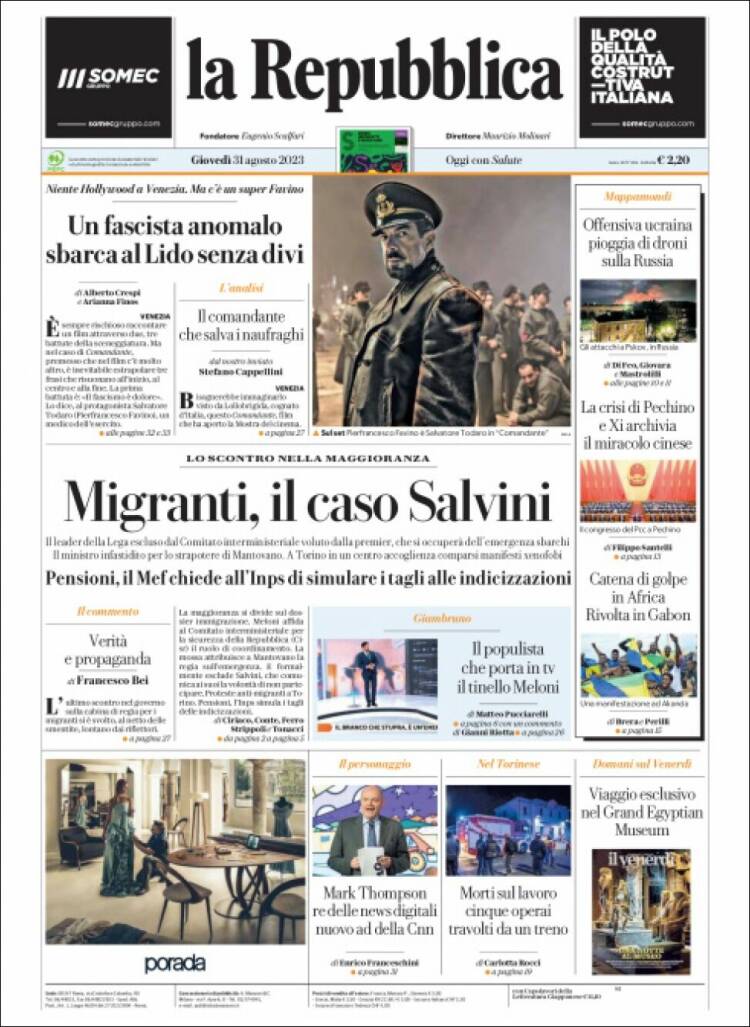 Portada de La Repubblica (Italia)