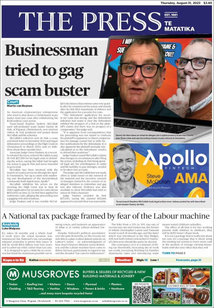 Portada de The Press (Nueva Zelanda)