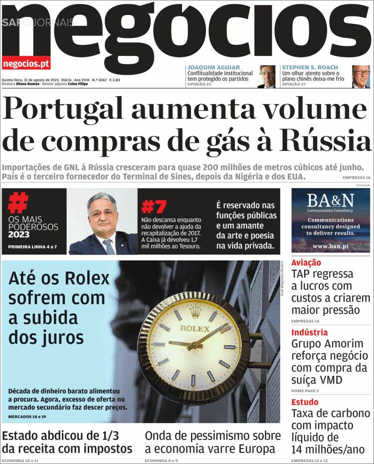 Portada de Jornal de Negócios (Portugal)