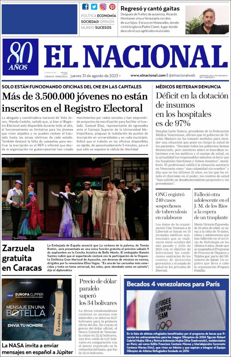 Portada de El Nacional (Venezuela)
