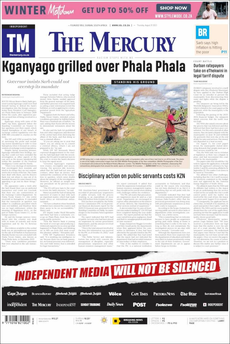 Portada de The Mercury (Sud&aacute;frica)