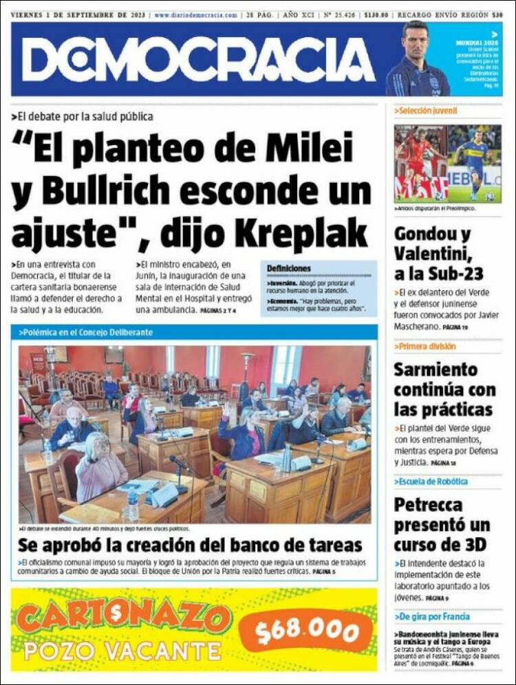 Portada de Diario Democracia (Argentina)