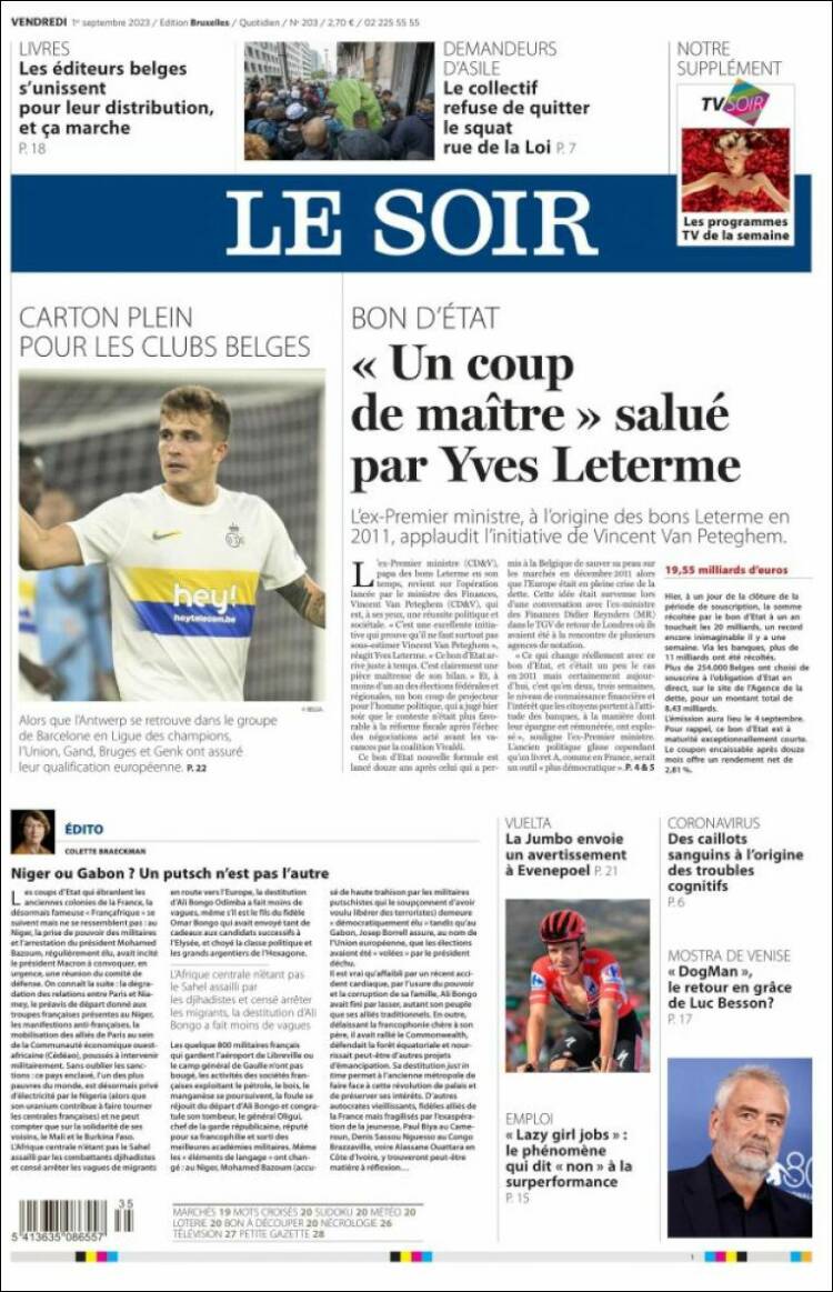 Portada de Le Soir (B&eacute;lgica)
