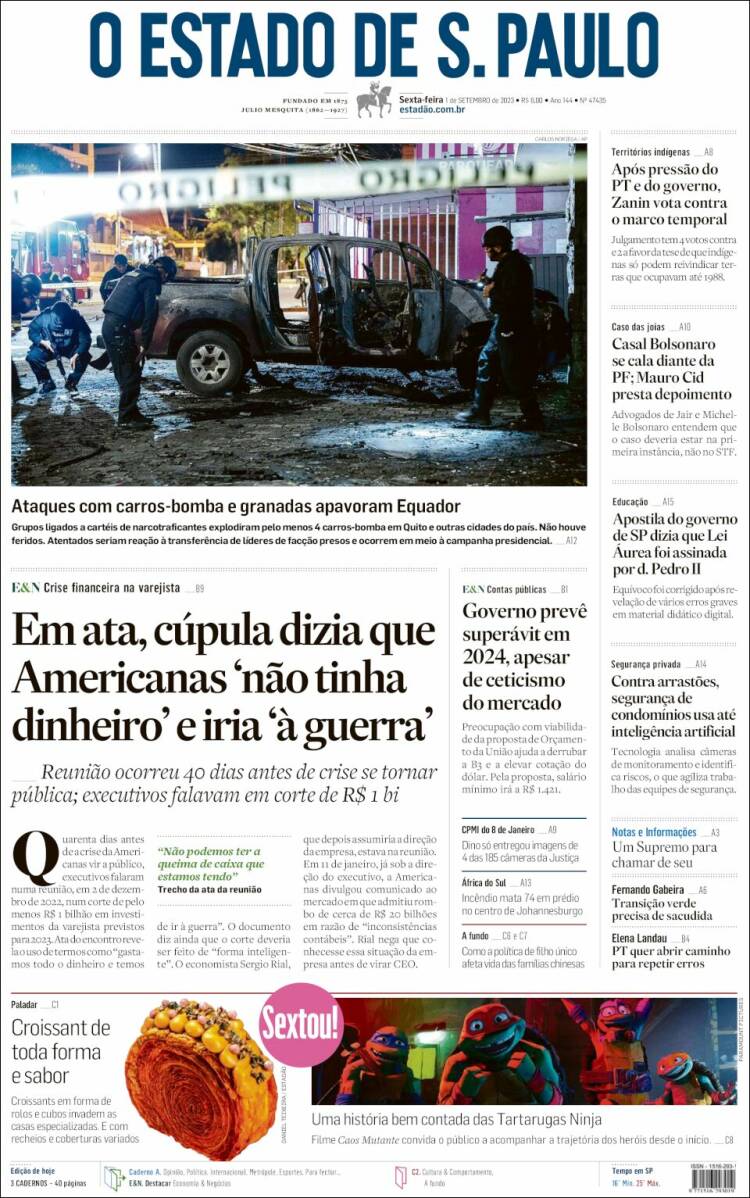 Portada de O Estado de São Paulo (Brasil)