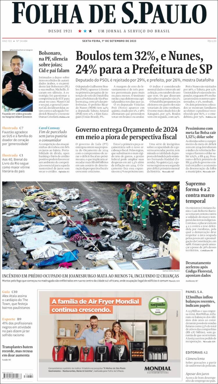Portada de Folha de São Paulo (Brasil)