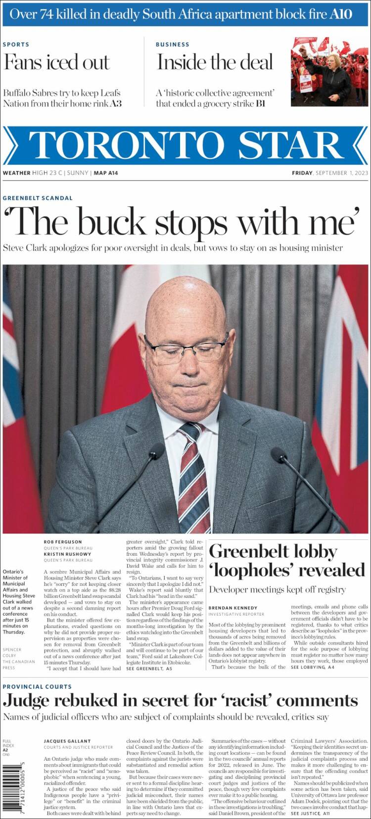 Portada de The Toronto Star (Canad&aacute;)