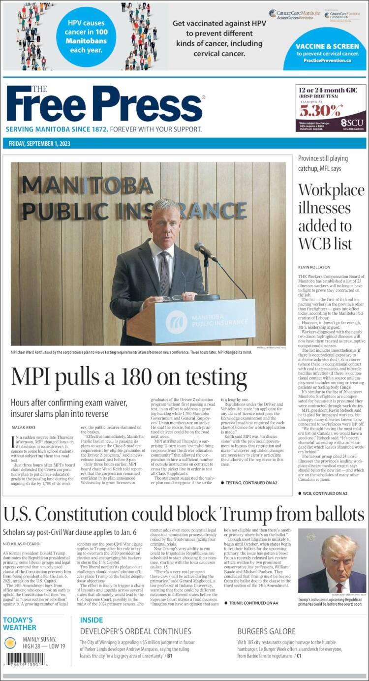 Portada de Winnipeg Free Press (Canad&aacute;)