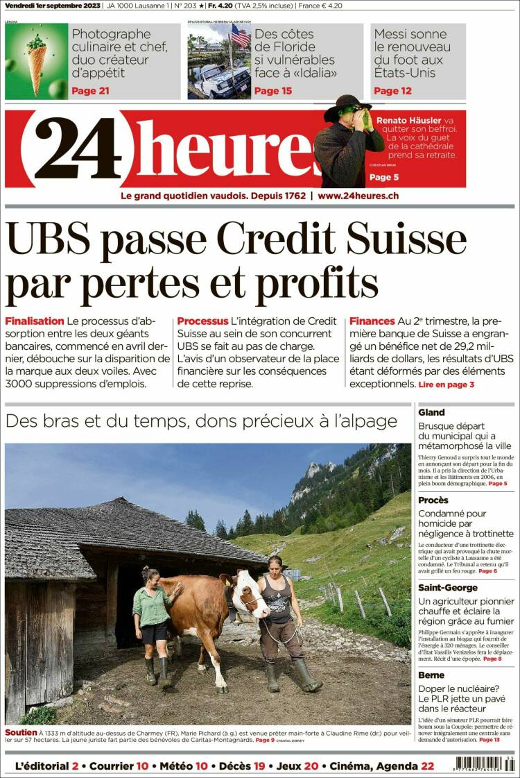 Portada de 24 Heures (Suiza)