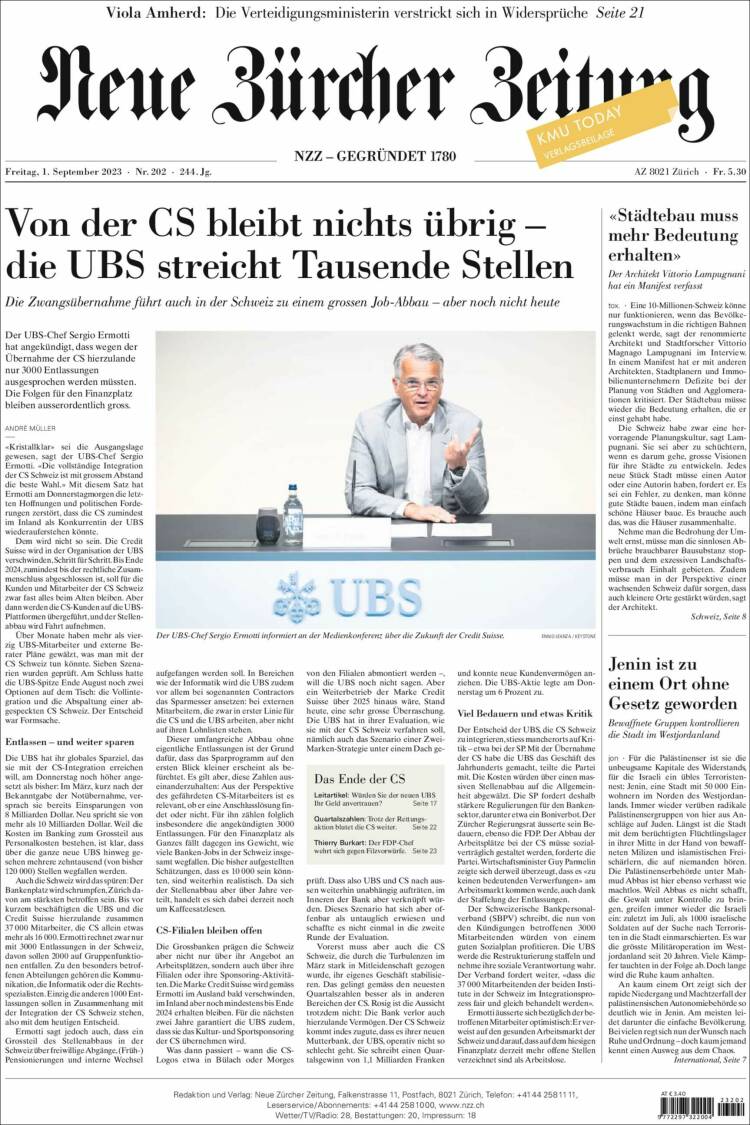Portada de Neue Zürcher Zeitung (Suiza)