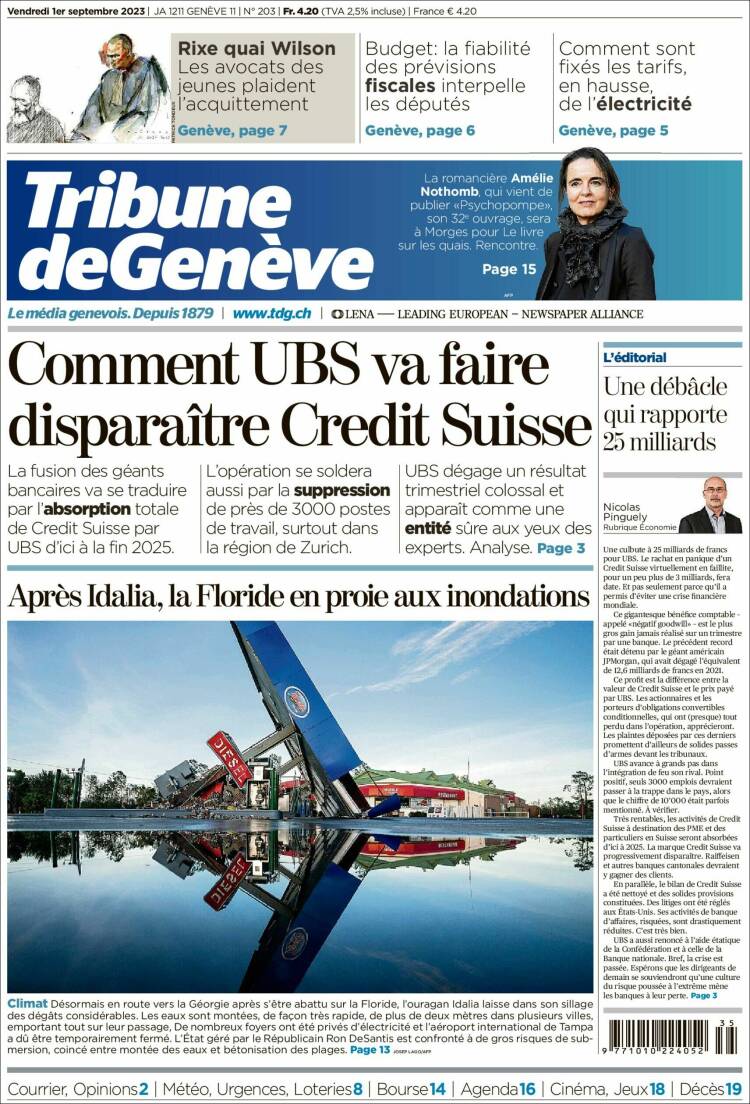 Portada de La Tribune de Genève (Suiza)