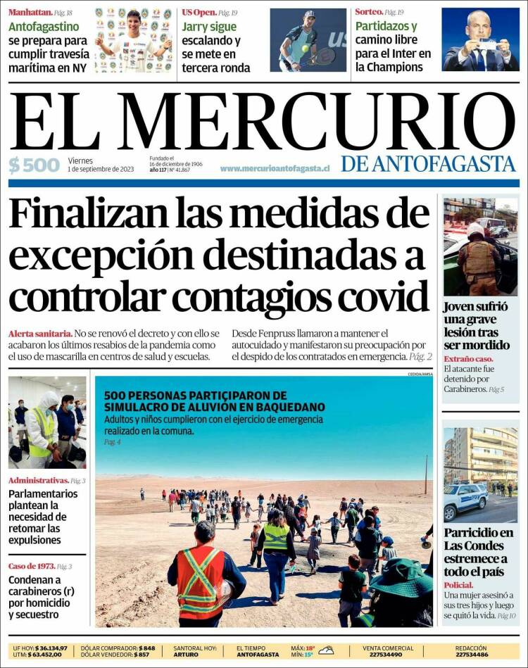 Portada de El Mercurio de Antofagasta (Chile)