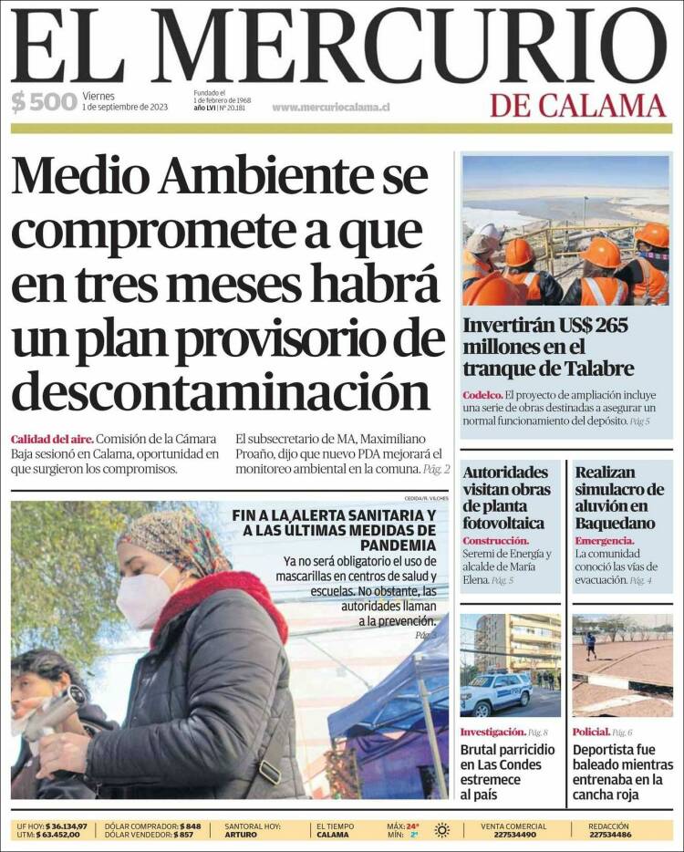Portada de El Mercurio - Calama (Chile)