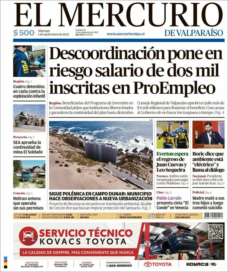 Portada de Mercurio de Valparaiso (Chile)