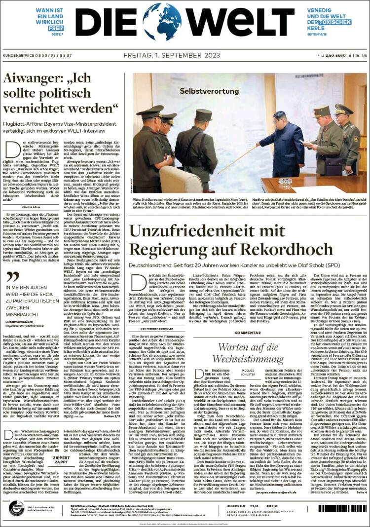 Portada de Die Welt (Alemania)