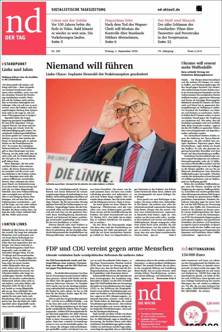 Portada de Neues Deutschland (Alemania)