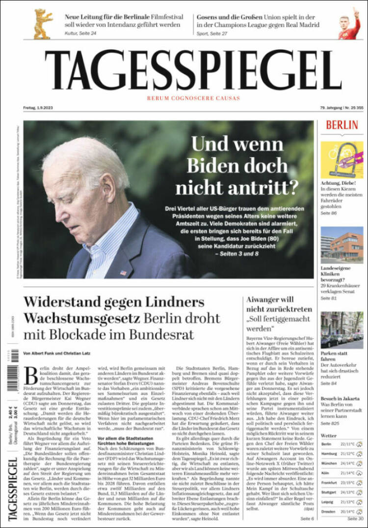 Portada de Der Tagesspiegel (Alemania)