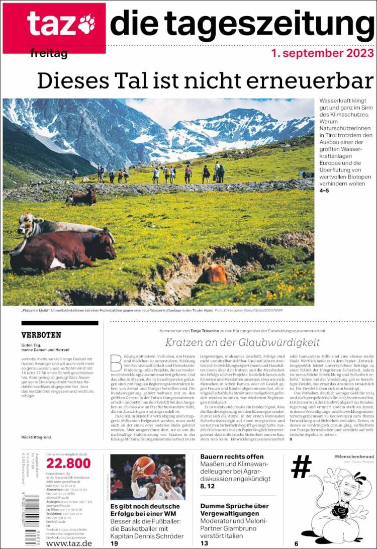 Portada de Die Tageszeitung (Alemania)