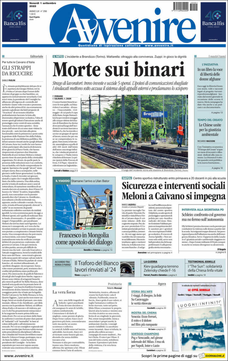 Portada de Avvenire (Italia)
