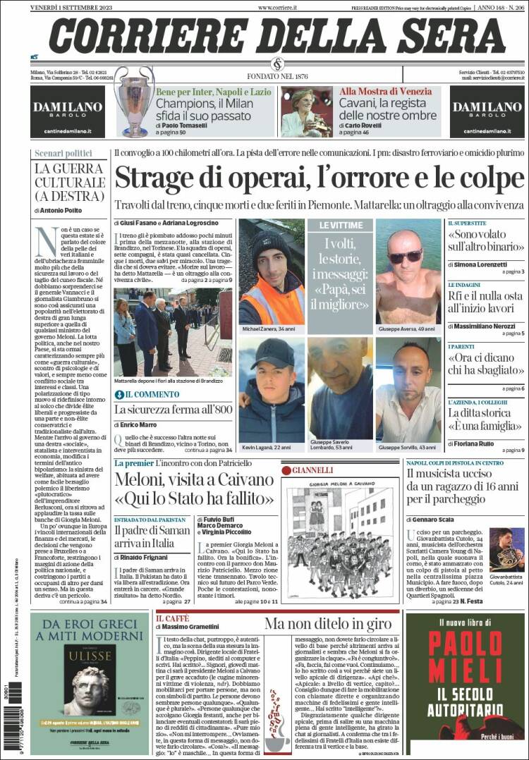 Portada de Corriere della Sera (Italia)