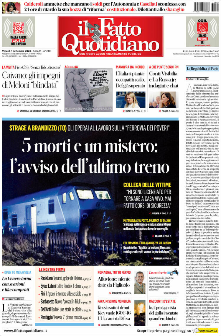 Portada de Il Fatto Quotidiano (Italia)