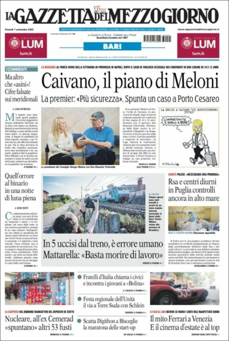 Portada de La Gazzetta del Mezzogiorno (Italia)
