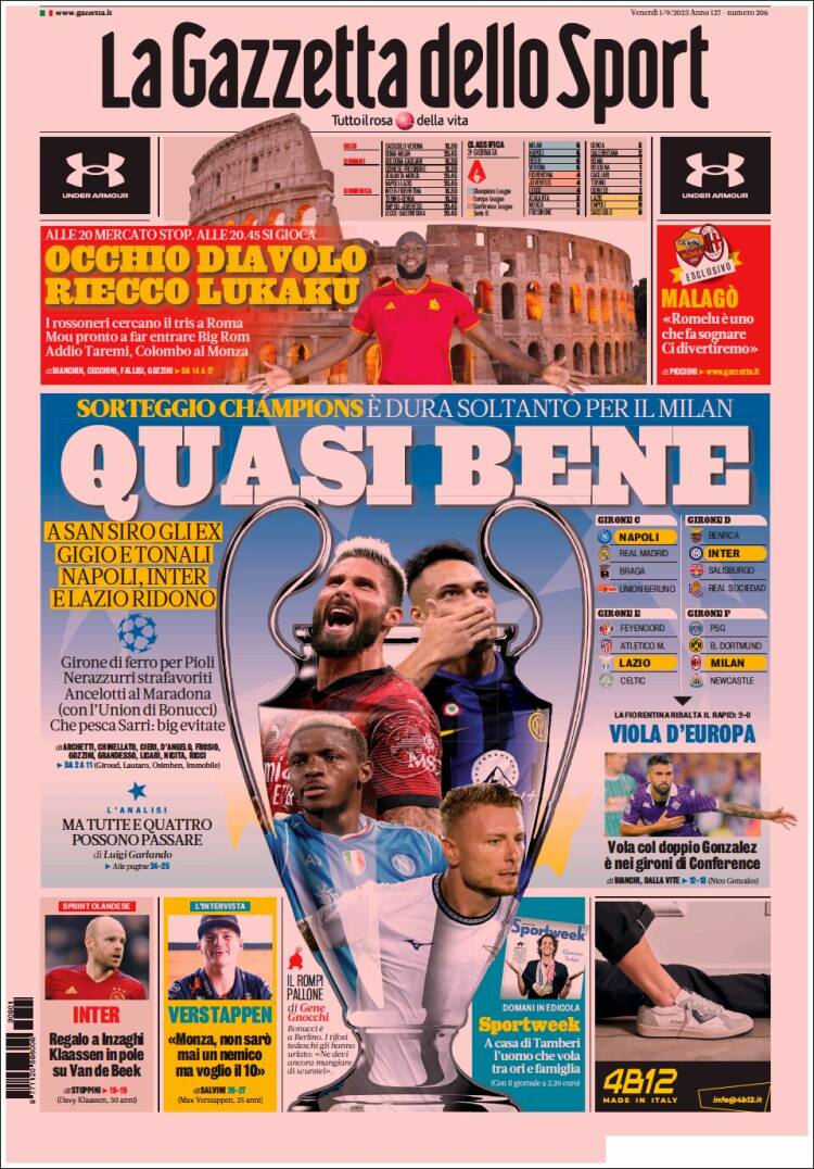 Portada de La Gazzetta dello Sport (Italia)