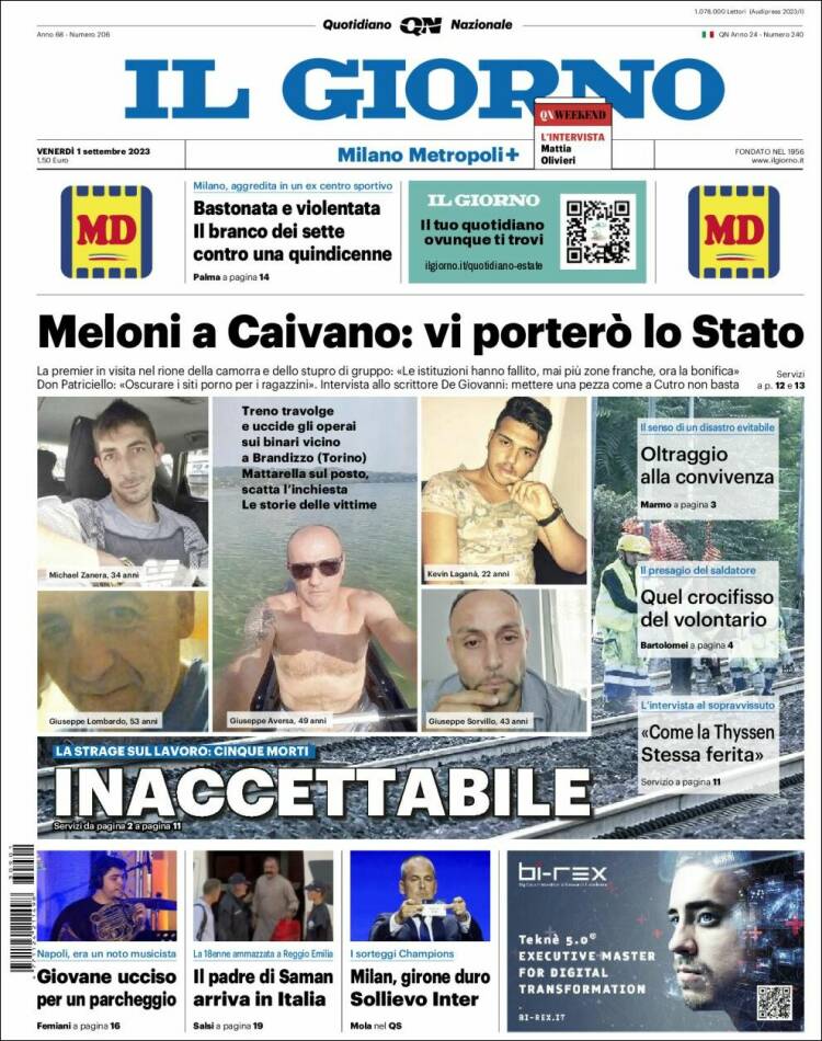 Portada de Il Giorno (Italia)