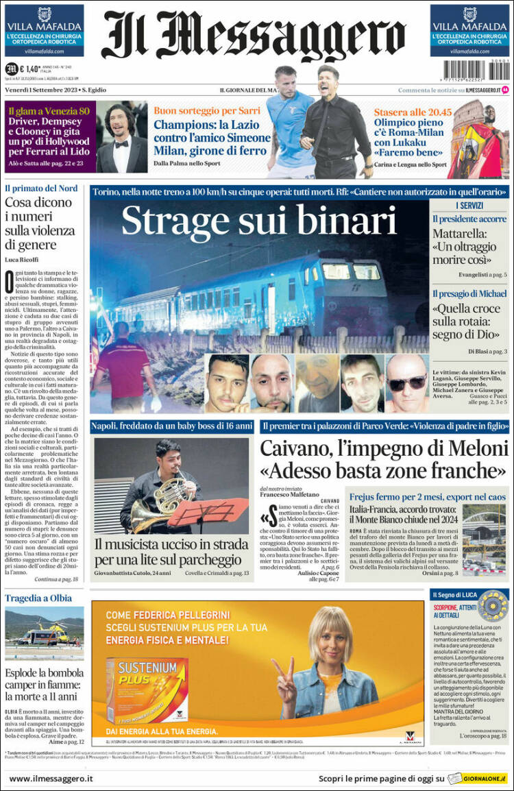 Portada de Il Messaggero (Italia)