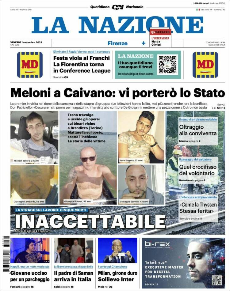Portada de La Nazione (Italia)