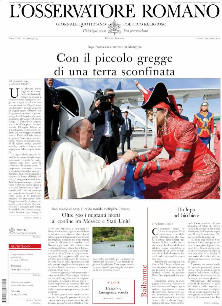 Portada de L'Osservatore Romano (Italia)